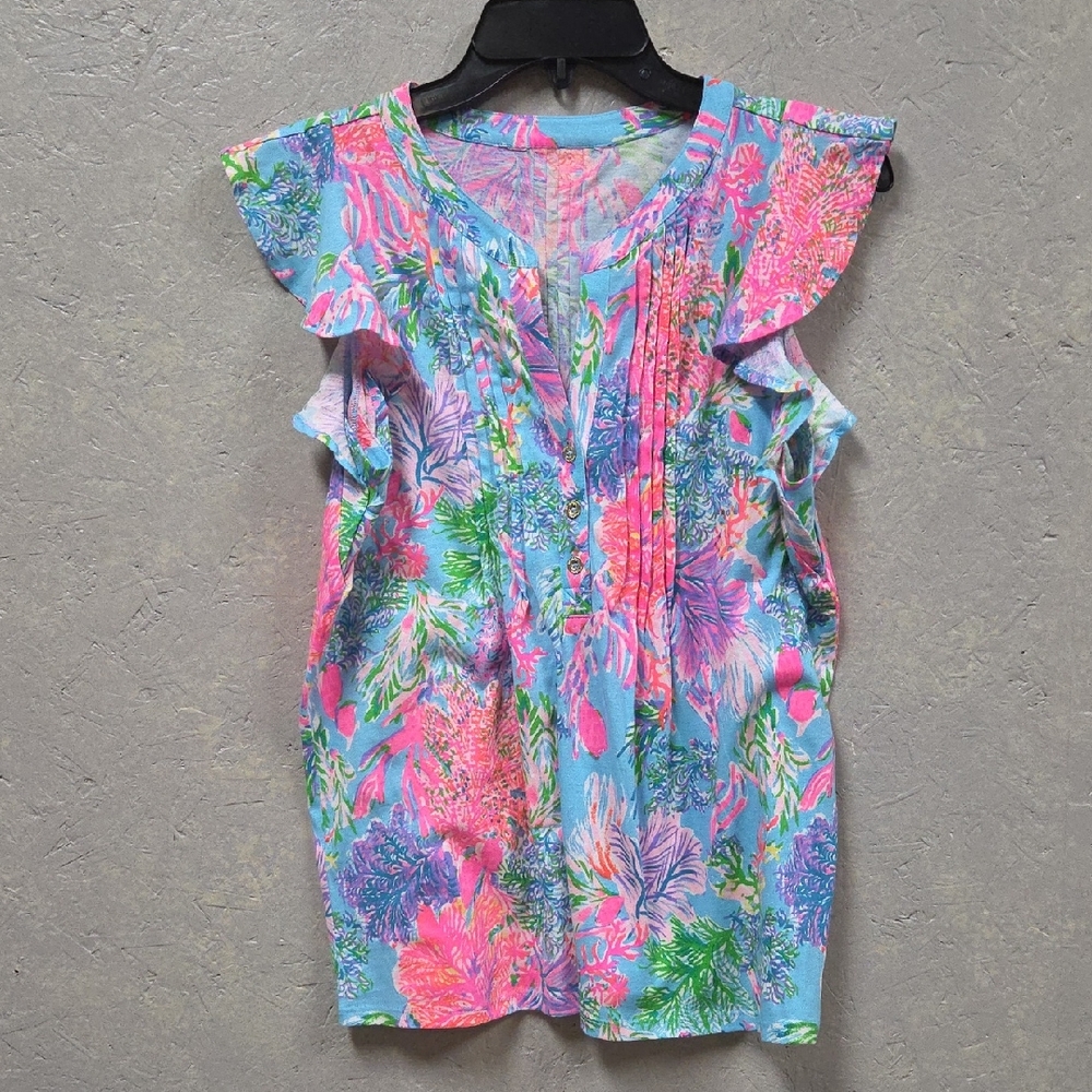 Lilly Pulitzer Goldie TopFloral Ruffle Top - Pink, Blue, Green Tags Have Been Re